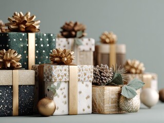 Festive display of beautifully wrapped gifts adorned with golden embellishments at a holiday celebration