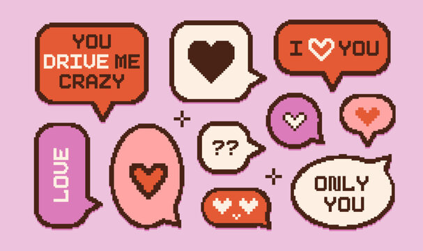 Valentines day text speech bubbles set in vintage PC pixelated style. Vector isolated elements. 14 February icons, message chats, conversation frames. Pixel art 8 bit design. Grungy rough design