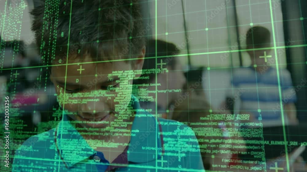 Poster boy sitting at desk tapping tablet and activating green code grid enhancing classroom learning