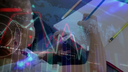 Boy writing in notebook, erasing notes causing financial charts fading in and guiding analysis - Powered by Adobe