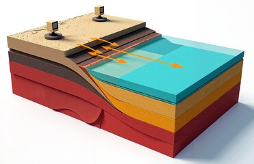 Cross-section illustrating seafloor spreading at a divergent plate boundary, with arrows indicating geological movement and ocean dynamics.