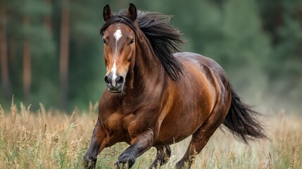 Majestic brown horse gallops through grassy field beneath a green forest backdrop during golden hour