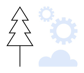 Pine tree outline, blue gears, and cloud emphasize the harmony of nature and innovation. Ideal for sustainability, ecology, green energy, technology advancement, collaboration, industry