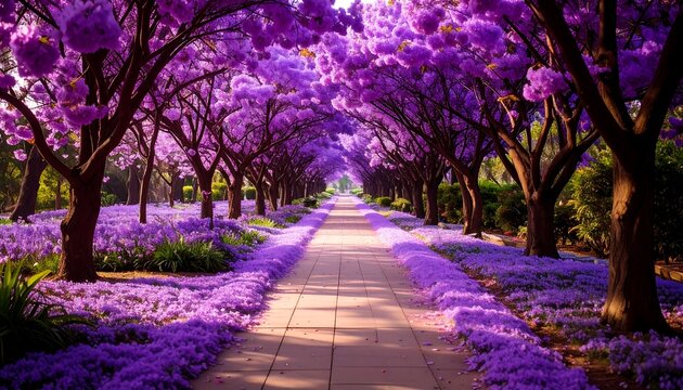 A picturesque pathway lined with vibrant purple jacaranda trees and a carpet of blossoms, creating a serene and colorful spring scene.
