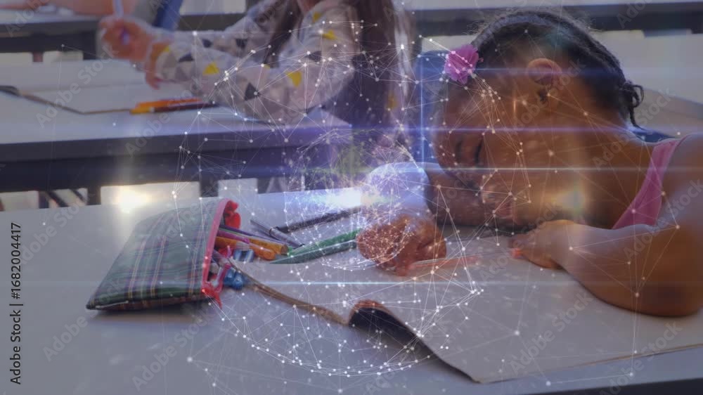 Poster digital network overlay materializing above desk while classmates writing and syncing for education