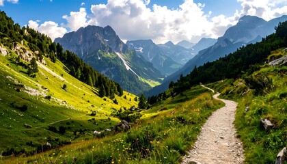 A scenic mountain path winds through a vibrant valley, flanked by lush green hills and towering peaks under a partly cloudy sky.