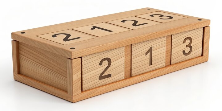 Wooden Number Block Puzzle 3D Render of Light Wood Box with Sliding Number Tiles, Sequential Number Concept, 3D model, wooden puzzle Number puzzle, Sliding puzzle