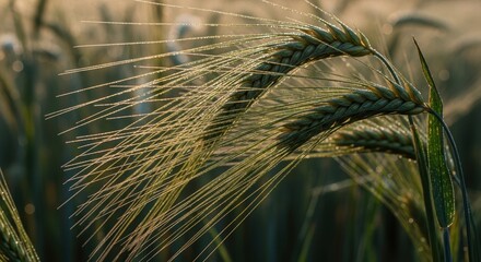 Close-up of dew-covered wheat stalks in sunny field