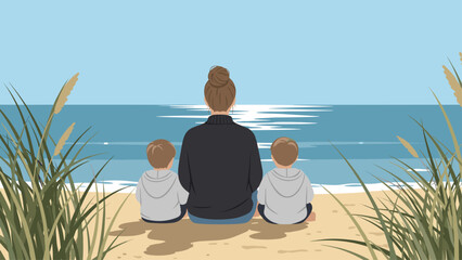 Fototapeta premium Woman with her children sitting on beach looking at the sea