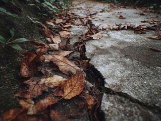 Obraz premium Cracked Pavement Covered in Fallen Autumn Leaves