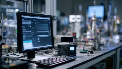 Medium shot of an experimental setup with a computer showing LLM output watermark analytics screen details in focus lab instruments softly blurred behind.