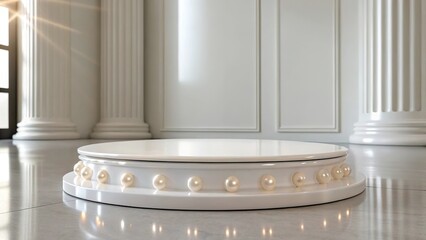 Elegant white podium with soft pearl reflections amidst classic architectural columns and natural light