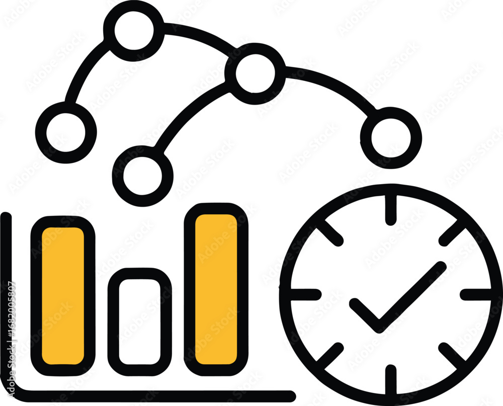 Poster time management and data analysis concept with clock and chart isolated on white background, represe