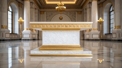 Elegant gold trimmed podium with reflective marble floor in grand interior hallway