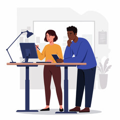 Diverse colleagues collaborate on project using computer and tablet at modern standing desk in bright office space