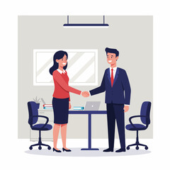 Confident businesswoman and businessman shaking hands in a bright, modern office, sealing a professional deal successfully.