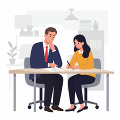 Confident businessman reviews document with attentive colleague at modern office desk collaborating effectively