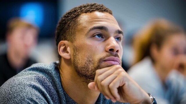 Medium shot of a college athlete concentrating on a financial literacy presentation highlighting the blend of budgeting taxes and NIL concepts with others out of focus.