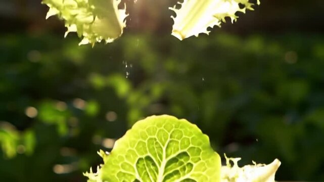 Close up shot of two vibrant green frisee lettuce heads with a blurred green background outdoors