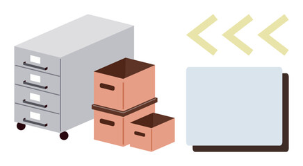 Filing cabinet with wheels, stacked brown boxes, document layers, and arrows signifying document flow. Ideal for office management, organization, workflow, moving, archiving efficiency simple flat