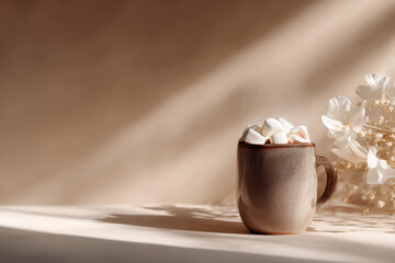 minimalist christmas celebration atmosphere in usa featuring single mug of steaming hot chocolate topped with