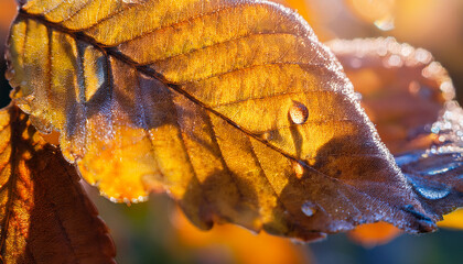 Close-up shot of a textured autumn leaf covered in morning dew, with autumnal color orange and blue tones. The sunlight highlights the intricate vein structure, creating a beautiful contrast.