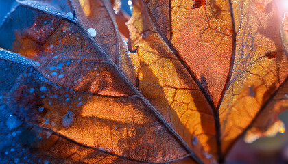 Close-up shot of a textured autumn leaf covered in morning dew, with vibrant orange and blue tones. The sunlight highlights the intricate vein structure, creating a beautiful contrast.