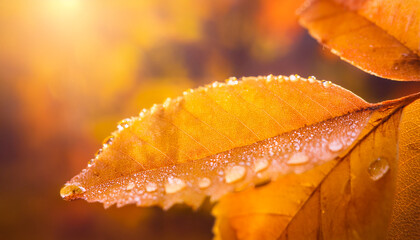 Close-up macro of an autumn leaf with vibrant orange tones and morning dew drops, glowing under warm sunlight. Perfect seasonal nature background symbolizing fall beauty and freshness.