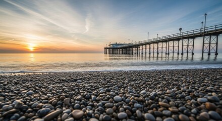 Obraz premium Scenic pebble beach at sunrise with pier and calm ocean waves