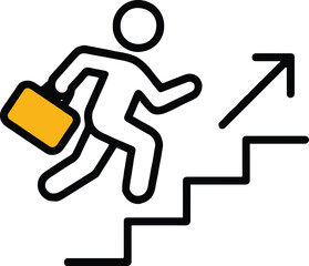 Illustration of a businessman climbing stairs with an arrow, symbolizing career growth, success, and progress, isolated on white background