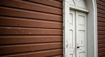 Weathered wooden door on rustic brown wooden wall with peeling paint