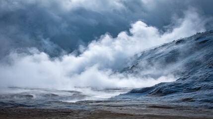 Fototapeta premium Dramatic Landscape Clouds Rolling Over a Geothermal Area