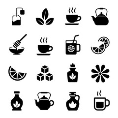 Tea Icons Collection – Cups, Kettle, Honey, Lemon, Herbs, and Sugar Symbols