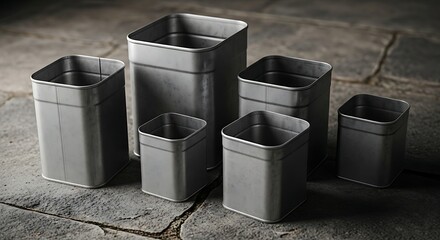 Group of Six Metallic Square Containers, Moody Lighting, Industrial Aesthetic.