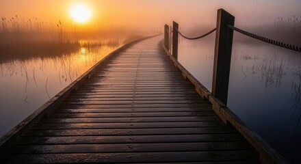 Obraz premium Serene sunrise over misty lake with wooden boardwalk