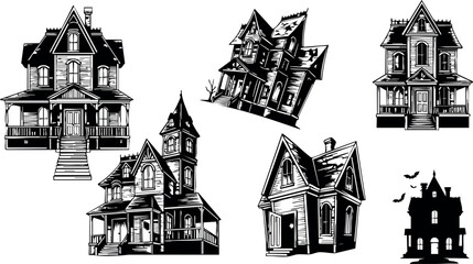 Fototapeta premium Vintage haunted houses collection black and white spooky vector illustrations 