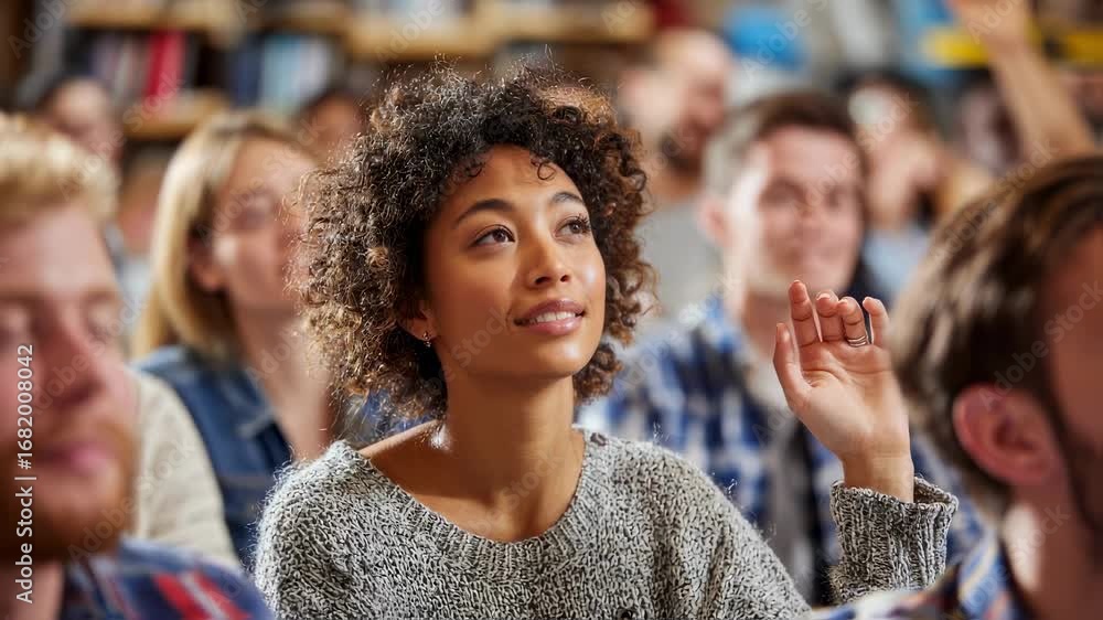 Poster medium shot of a focused student using sign language interpreter in class blurred diverse audience b