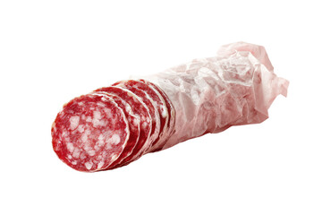 Sliced salami, wrapped in parchment, close-up