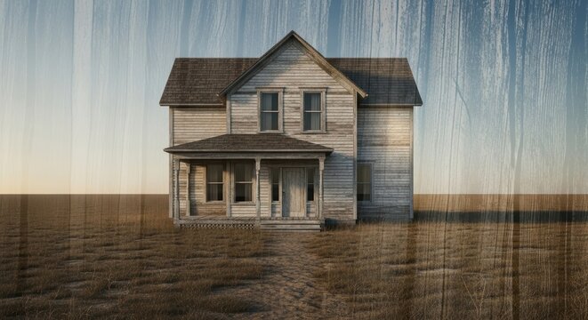 Lonely abandoned house in sparse dry landscape at sunset