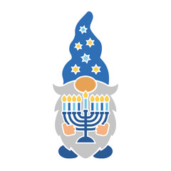 Vector Hanukkah gnome design with menorah. Cute Jewish holiday illustration for prints, invitations, greeting cards, banners, posters. Template for plotter cutting