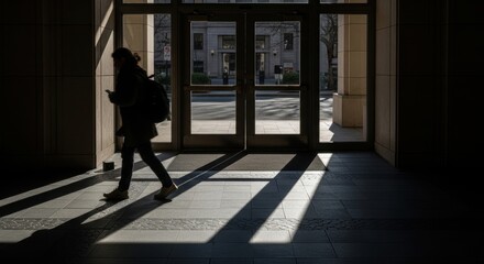 Silhouette of young female walking indoors in urban setting