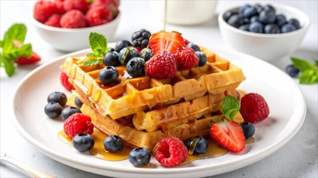 Delicious stacked waffles with berries