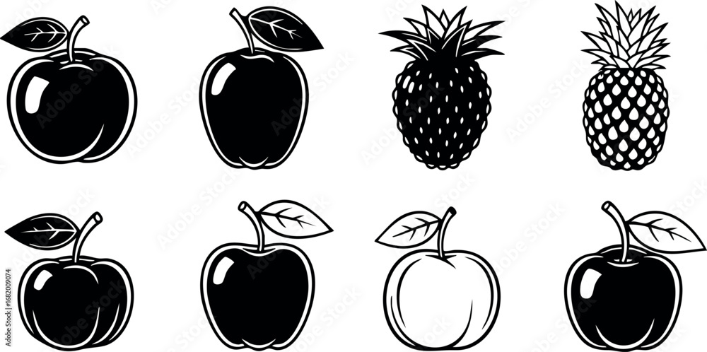 Poster black and white vector illustrations of apples and pineapples with leaves in simple style