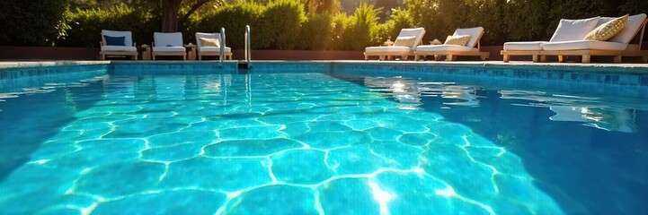 Obraz premium Inviting blue swimming pool shimmering under the summer sun, ready for a refreshing dip Perfect for summer vacation, relaxation, and leisure themes , tranquil, shadow, paradise