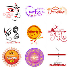 Durga Puja, Navratri and Dussehra Typography with lettering festival illustration.