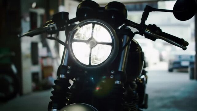 A motorcycle with its headlight on is parked indoors with its handlebars visible too