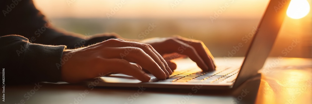 Poster a person types on a laptop keyboard, illuminated by warm natural light from a sunset, creating a rel