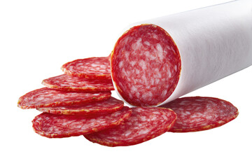 Sliced salami, a cylindrical sausage, with slices arranged