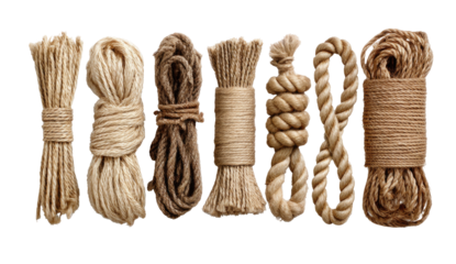 Various natural fiber ropes and cords in varying thicknesses and textures, bundled and tied, arranged in a horizontal row
