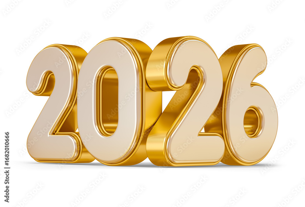Wall mural golden 2026 numbers in 3d render with transparent background